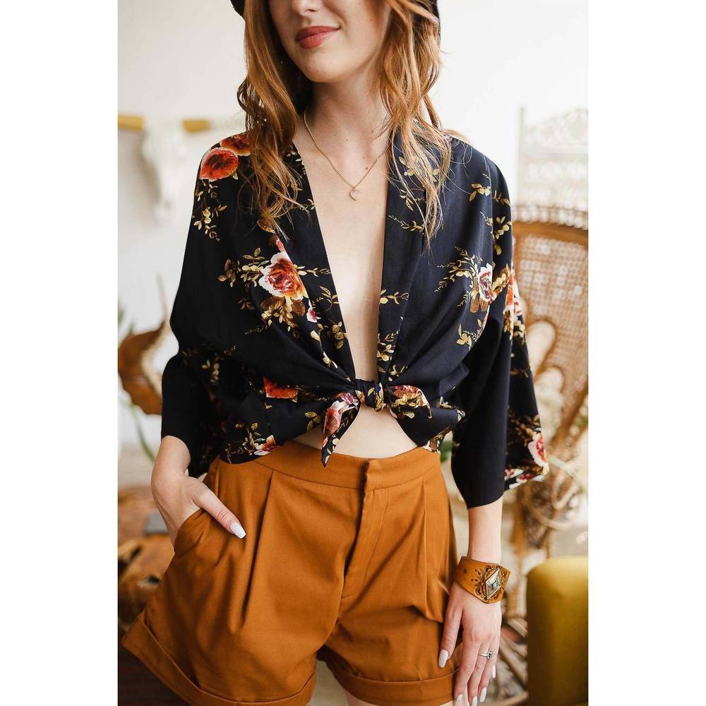 NEW LETO women's rose short summer blouse in navy